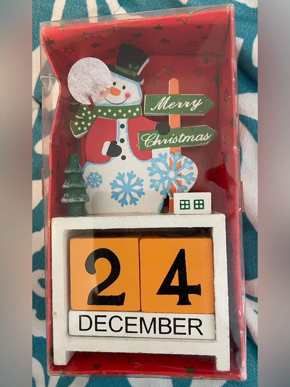 Holiday Snowman Wooden Block Calendar - Orange & Green